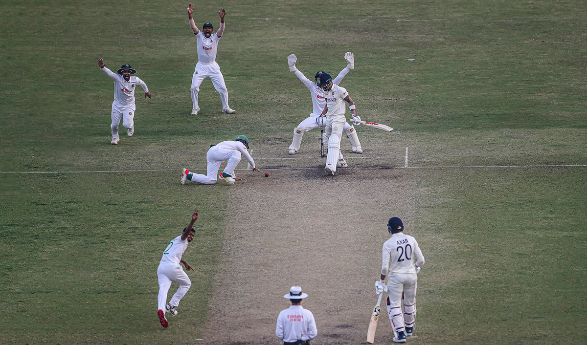 Bangladesh players appeals unsuccessful for India's Virat Kohli wicket during the third day of the second cricket test match against India, in Dhaka, Bangladesh, on December 24, 2022. (AP)