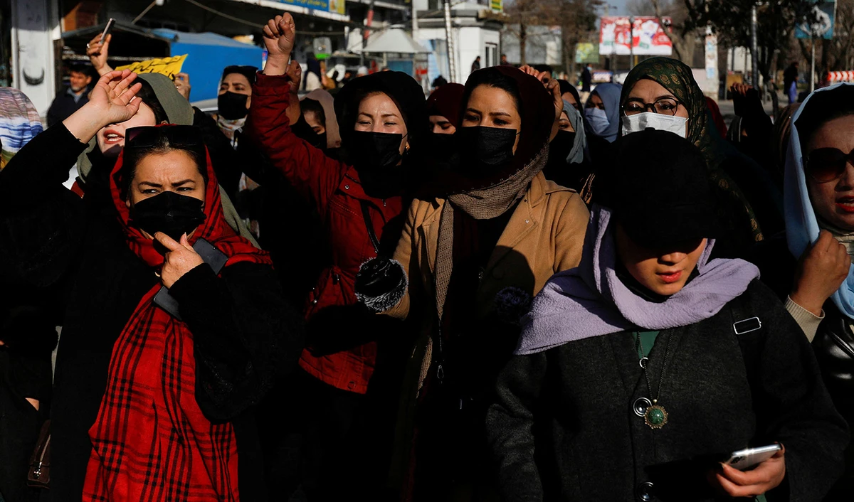 Afghan women chant slogans in protest against the closure of universities to women by the Taliban in Kabul, Afghanistan, on December 22, 2022. (REUTERS)