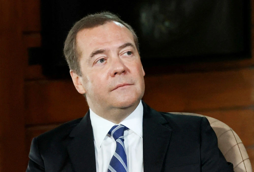 Deputy Chairman of Russia's Security Council Dmitry Medvedev gives an interview at the Gorki state residence outside Moscow, Russia January 25, 2022. (REUTERS)