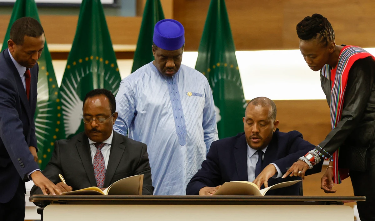 Redwan Hussein (2nd L), Representative of the Ethiopian government, and Getachew Reda (2nd R), Representative of the Tigray People's Liberation Front (TPLF), sign a peace agreement. (AFP/File)