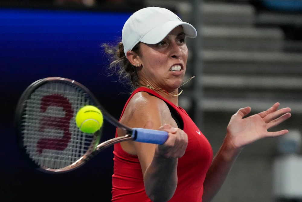 Madison Keys of the US plays a forehand return to Marie Bouzkova of the Czech Republic during their Group C match at the United Cup tennis event in Sydney Thursday. (AP)
