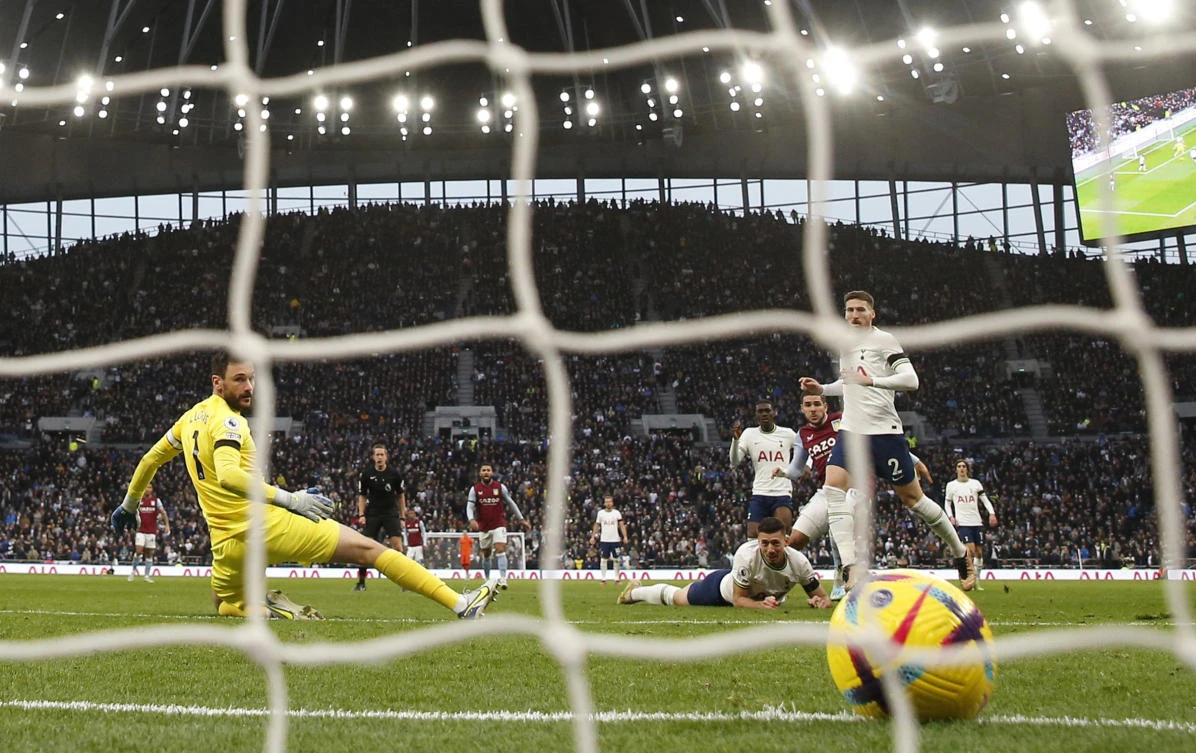 Aston Villa’s Emiliano Buendia scores the first goal past Tottenham Hotspur’s Hugo Lloris in their victory over the London club. (Action Images via Reuters)