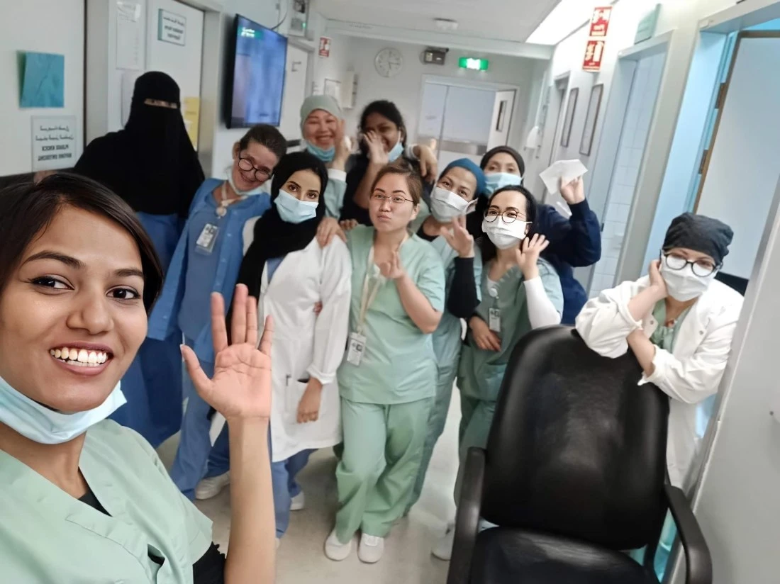 Malaysian nurse Bridget Henriette Fernando, left, poses for a photo with her colleagues at King Abdulaziz Medical City in Riyadh, Saudi Arabia, in 2021. (Photo courtesy: Bridget Henriette Fernando)