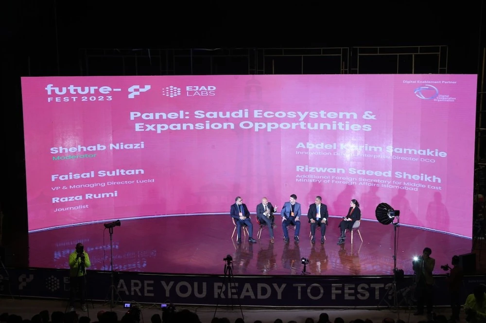 Panelists participate in the "Saudi ecosystem and expansion opportunities" session of Pakistan's largest tech conference and expo, Future Fest, in Lahore, Pakistan, on Jan. 6, 2023.(AN Photo)