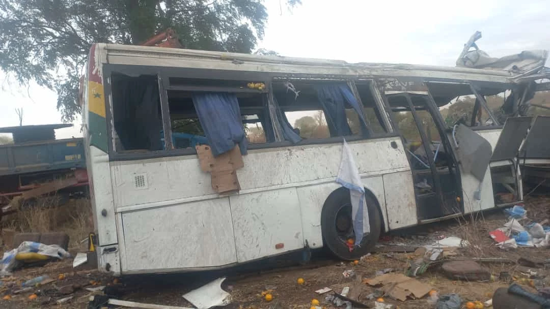 A general view of the scene of a bus accident in Kaffrine, central Senegal, on January 8, 2023. (AFP)