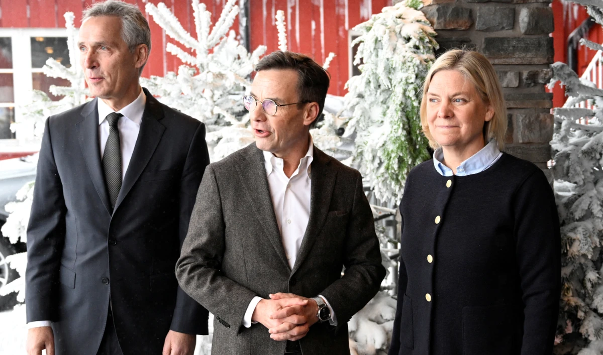 NATO chief Jens Stoltenberg with Sweden’s Prime Minister Ulf Kristersson and former Prime Minister Magdalena Andersson at Sunday’s conference. (Reuters)