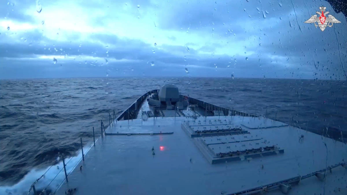 A still image from video, released by the Russian Defence Ministry, shows what it said to be frigate 'Admiral of the Fleet of the Soviet Union Gorshkov' armed with hypersonic cruise weapons during an air defence exercise in the Norwegian Sea (Reuters)
