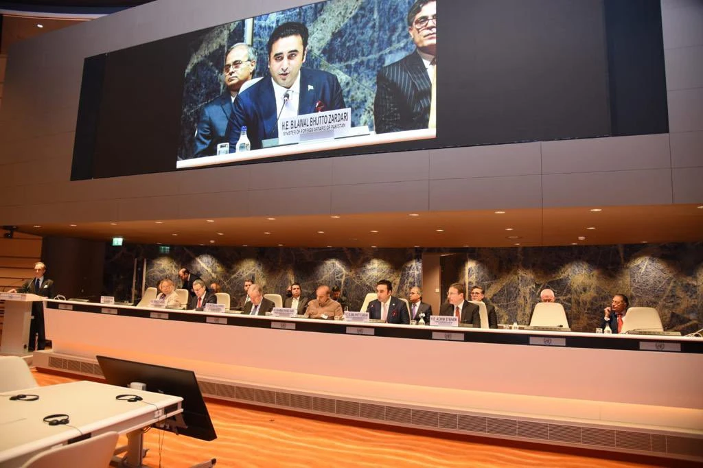 Pakistani Foreign Minister Bilawal Bhutto Zardari speaks at the International Conference on Climate Resilient Pakistan in Geneva on Monday. (@ForeignOfficePk)