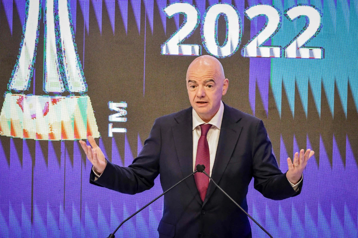 Gianni Infantino, president of the International Football Federation, gives a speech during the FIFA Club World Cup draw ceremony, in Sale north of Morocco's capital on Friday. (AFP)