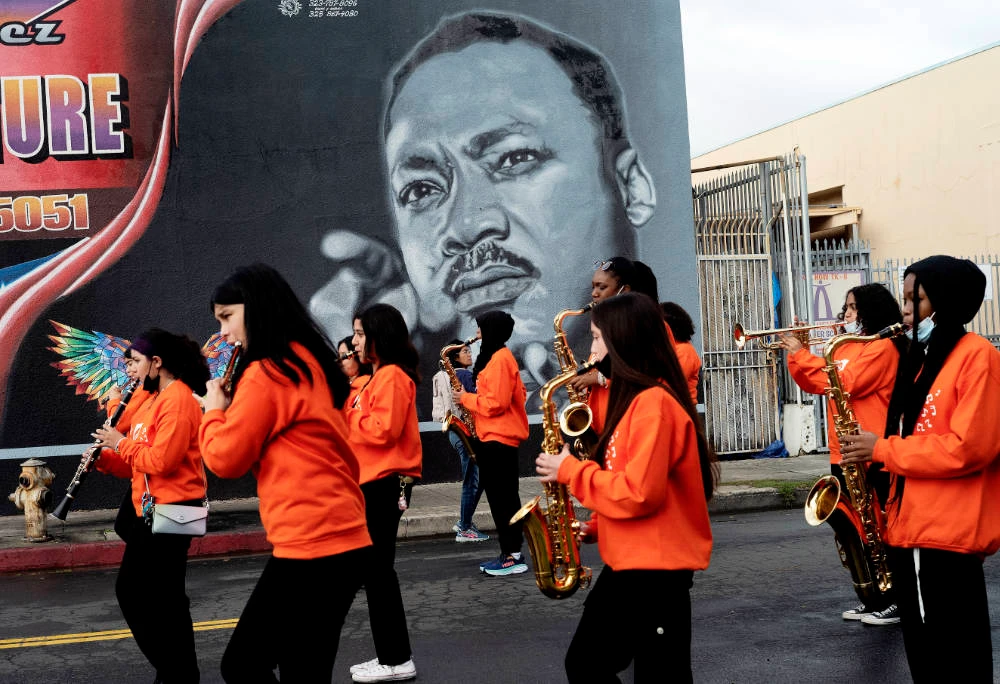 Music students from the Kip Scholar Academy prepare to participate in the Kingdom Day Parade in Los Angeles, Monday, Jan. 16, 2023. (AP)