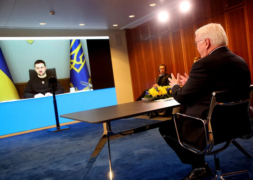 Ukrainian President Volodymyr Zelensky holds video call with German President Frank-Walter Steinmeier in Berlin on January 17, 2023. (Reuters)