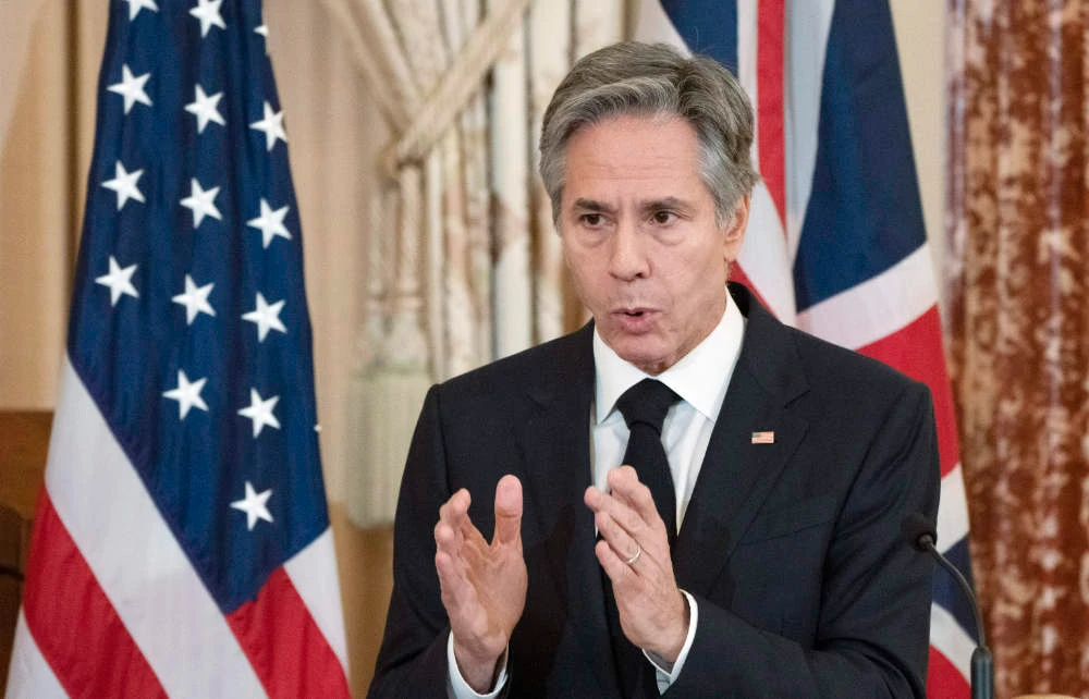 Secretary of State Antony Blinken speaks during a news conference with British Foreign Secretary James Cleverly, in the Benjamin Franklin Room at the State Department, Tuesday, Jan. 17, 2023, in Washington. (AP)