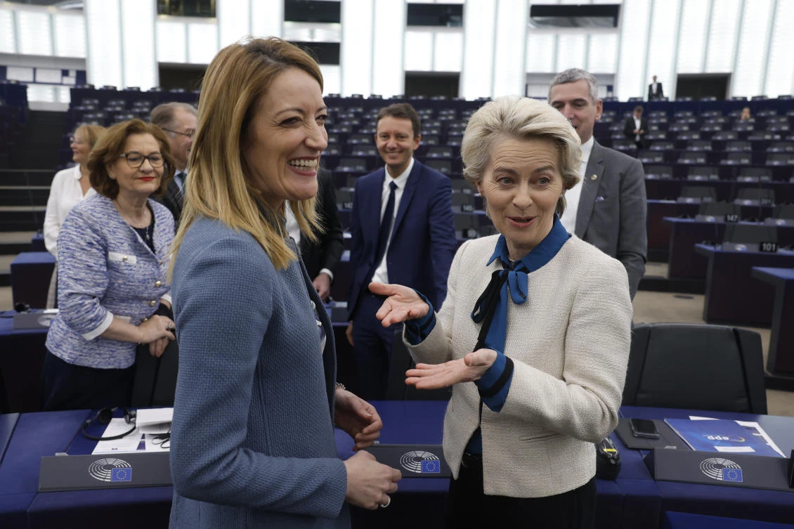 EU Commission President Ursula von der Leyen, right, chats with European Parliament’s President Roberta Metsola before a session at the European Parliament on Jan. 18, 2023 in Strasbourg. (AP)