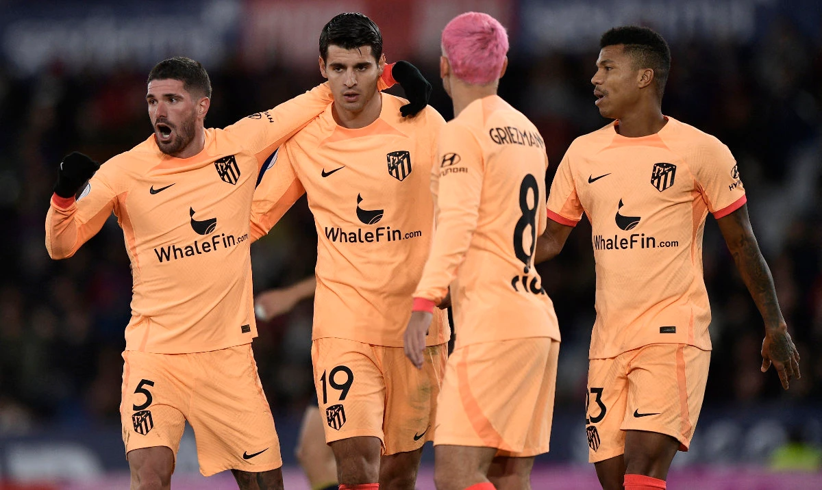 Atletico Madrid’s Alvaro Morata celebrates scoring their first goal with Rodrigo de Paul, Antoine Griezmann and Reinildo Mandava. (Reuters)