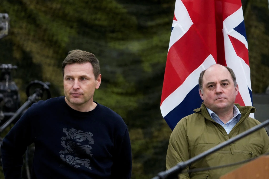 Estonian Defense Minister Hanno Pevkur and British Secretary of State for Defense Ben Wallace attend a news conference in Tapa Army Base, Estonia, on Jan. 19, 2023. (Reuters)
