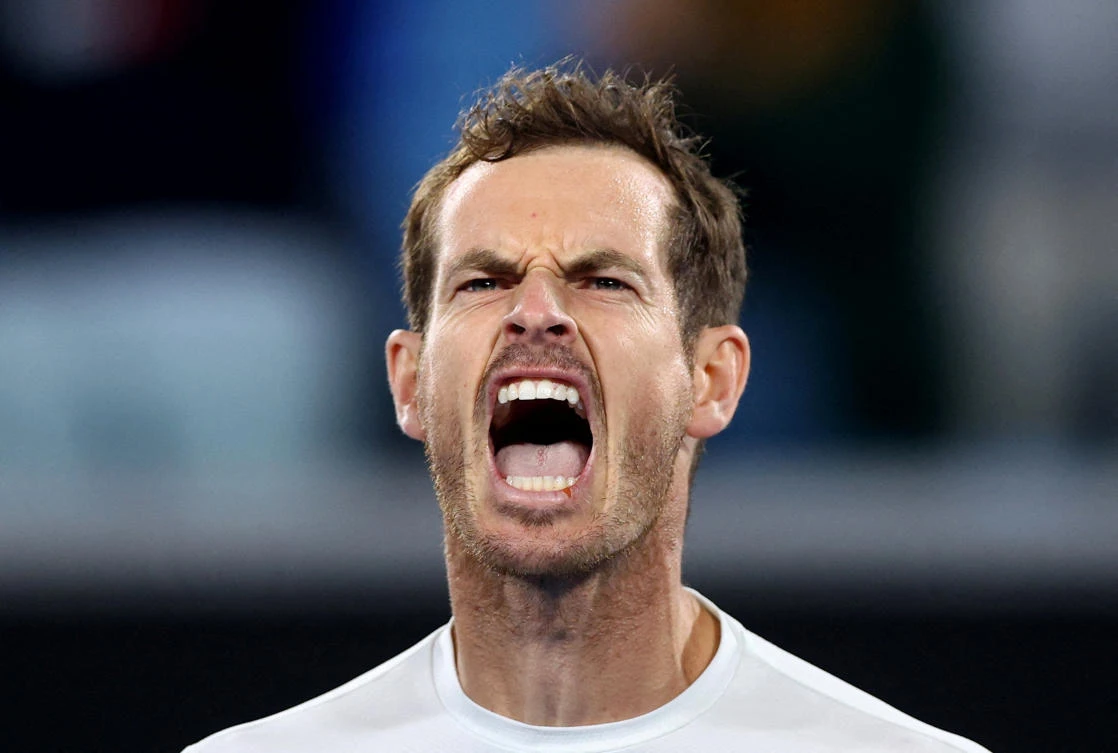 Britain’s Andy Murray celebrates after winning his second round match against Australia’s Thanasi Kokkinakis in the Australian Open at Melbourne Park, Melbourne, on Jan. 20, 2023. (Reuters)