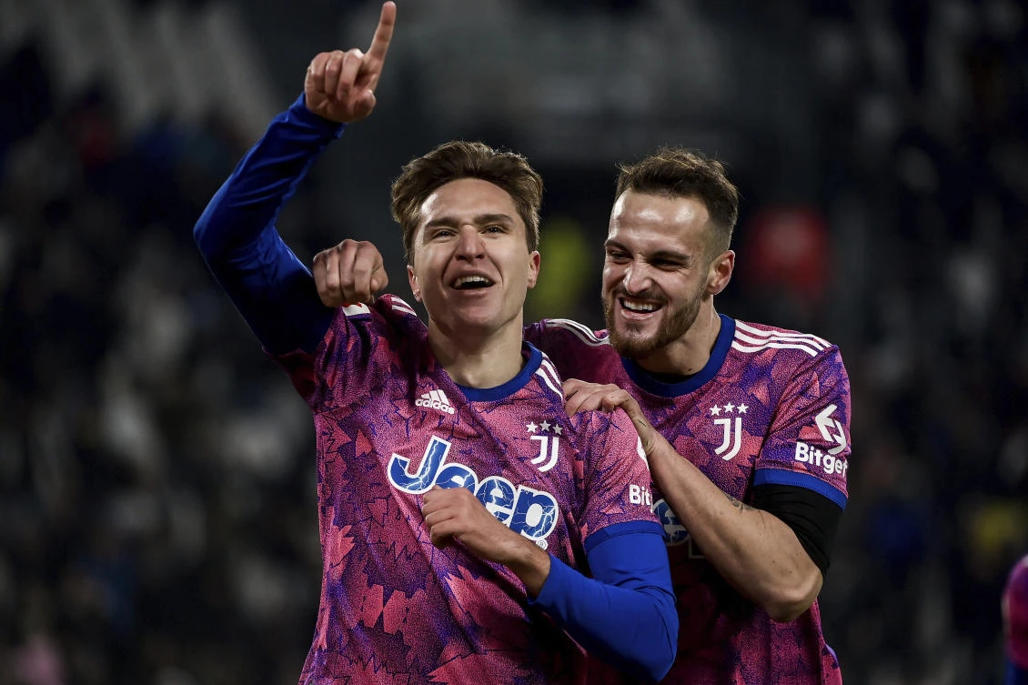 Juventus’ Federico Chiesa celebrates scoring during the Italian Cup round of 16 match against Monza at the Juventus Stadium on Jan. 19, 2023. Juventus have been deducted 15 points for the current season by an Italian soccer court investigating their transfer dealings. (AP)