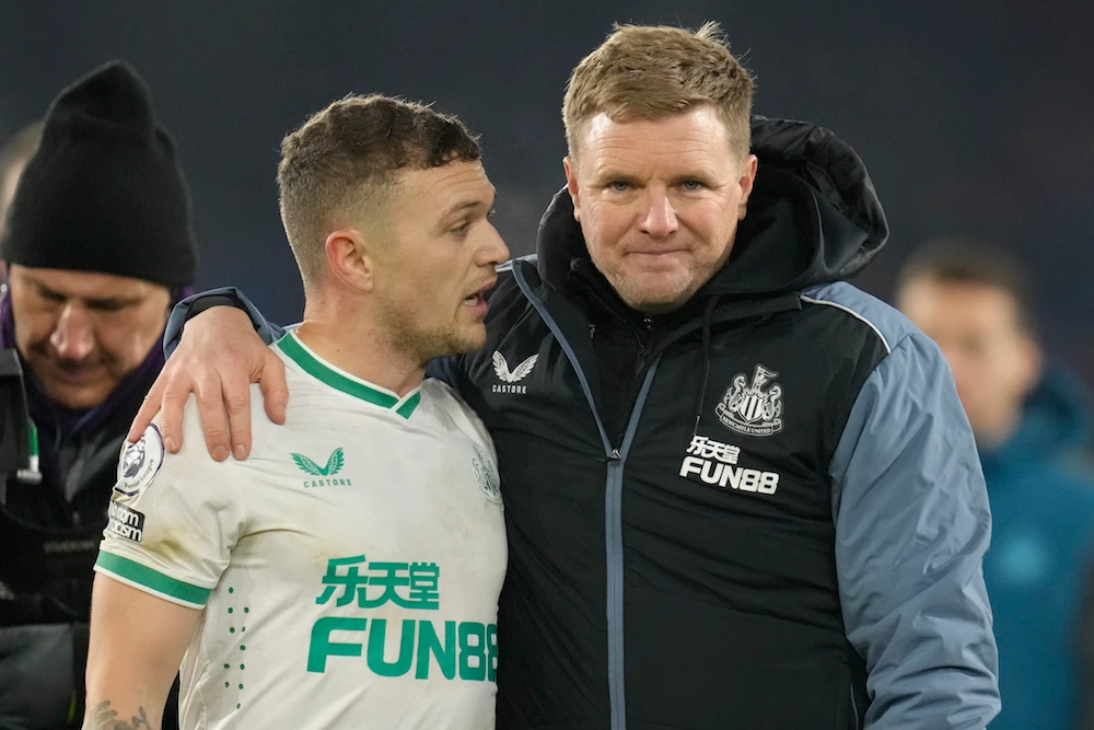 Newcastle's head coach Eddie Howe (R) hugs Newcastle's Kieran Trippier (L) after the match with Crystal Palace at Selhurst Park. (AP)