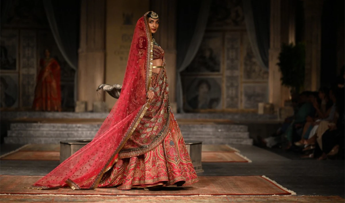 A model presents a creation by designer JJ Valaya during the FDCI India Couture Week in New Delhi on July 24, 2022. (AFP/File)