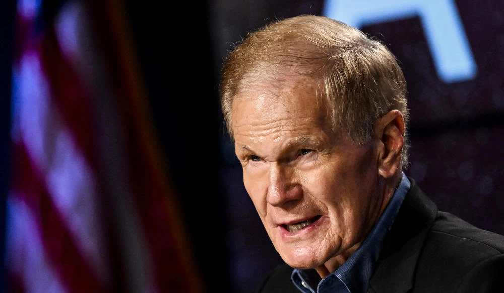 In this file photo taken on September 3, 2022, NASA Administrator Bill Nelson speaks during a press conference after the launch of the Artemis I unmanned lunar rocket was postponed, at NASA's Kennedy Space Center in Cape Canaveral, Florida. (AFP)