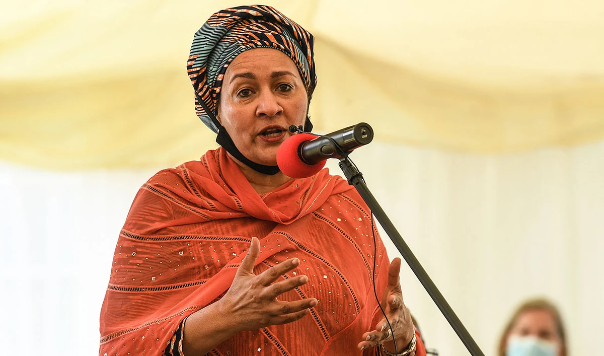 Deputy Secretary-General of the United Nations Amina Mohammed, gestures as she delivers a speech to students of Kawangware primary school, during a visit in Nairobi on March 1, 2022. (Photo courtesy: AFP/FILE)