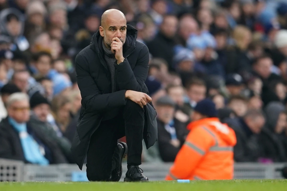 Manchester City's head coach Pep Guardiola during the English Premier League soccer match between Manchester City and Wolverhampton at the Etihad Stadium in Manchester Sunday. (AP)
