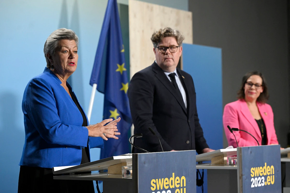 Sweden’s Minister for Migration address a press conference during the informal meeting as part of the Swedish EU Presidency. (AFP)