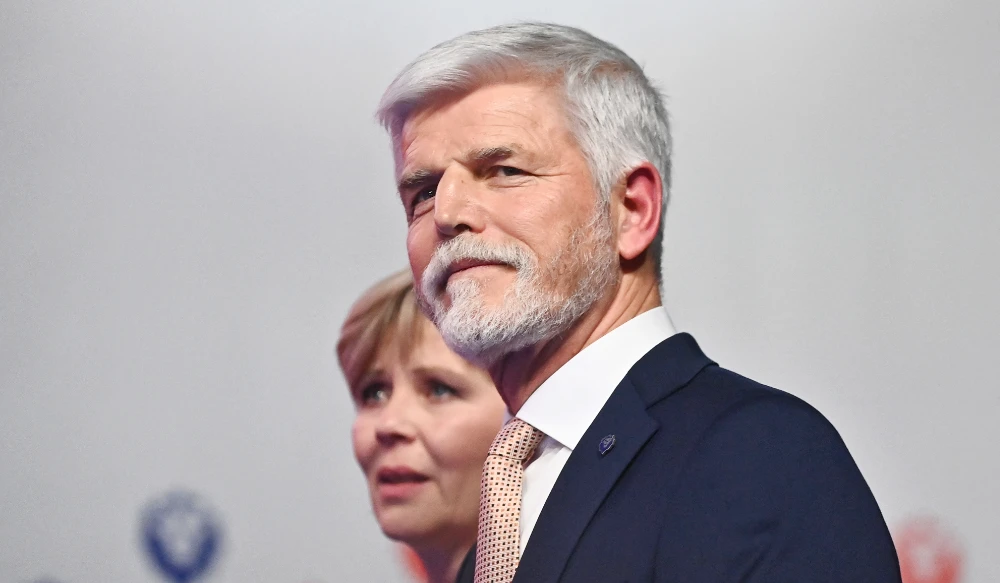 Presidential candidate Petr Pavel, former Chief of the General Staff of the Czech Army, and his wife Eva arrive for a press conference in Prague, Czech Republic on January 28, 2023, after Pavel became the fourth president of the Czech Republic according to official results. (AFP)