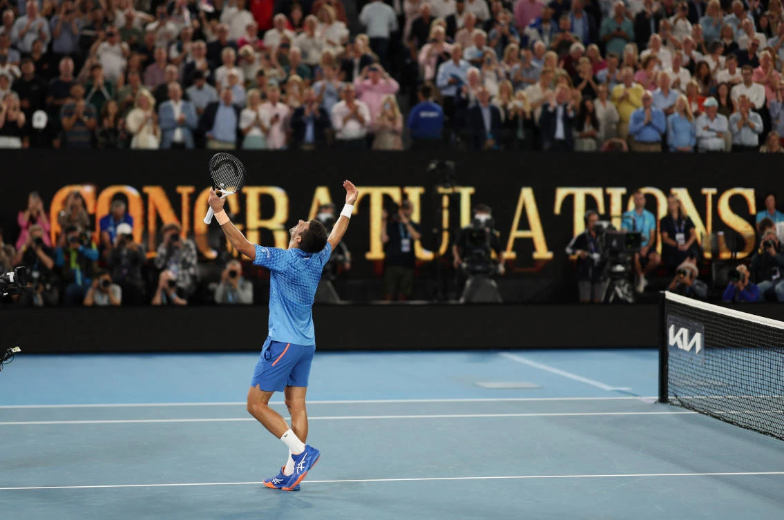 Serbia’s Novak Djokovic celebrates after defeating Greece’s Stefanos Tsitsipas to win the Australian Open at Melbourne Park, Melbourne, Australia, Jan. 29, 2023. (Reuters)