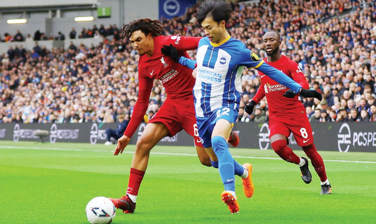 Kaoru Mitoma in action: Mitoma drove a close-range finish into the roof of the net to earn Brighton a come-from-behind win. (Reuters)