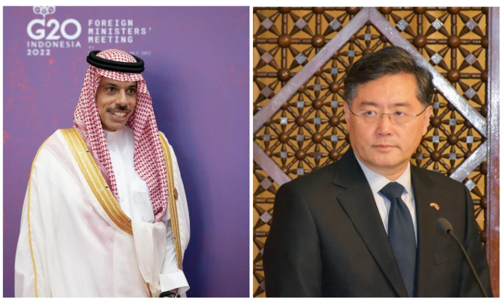 Saudi Arabia’s Foreign Minister Prince Faisal bin Farhan and Chinese Foreign Minister Qin Gang. (File/AFP)