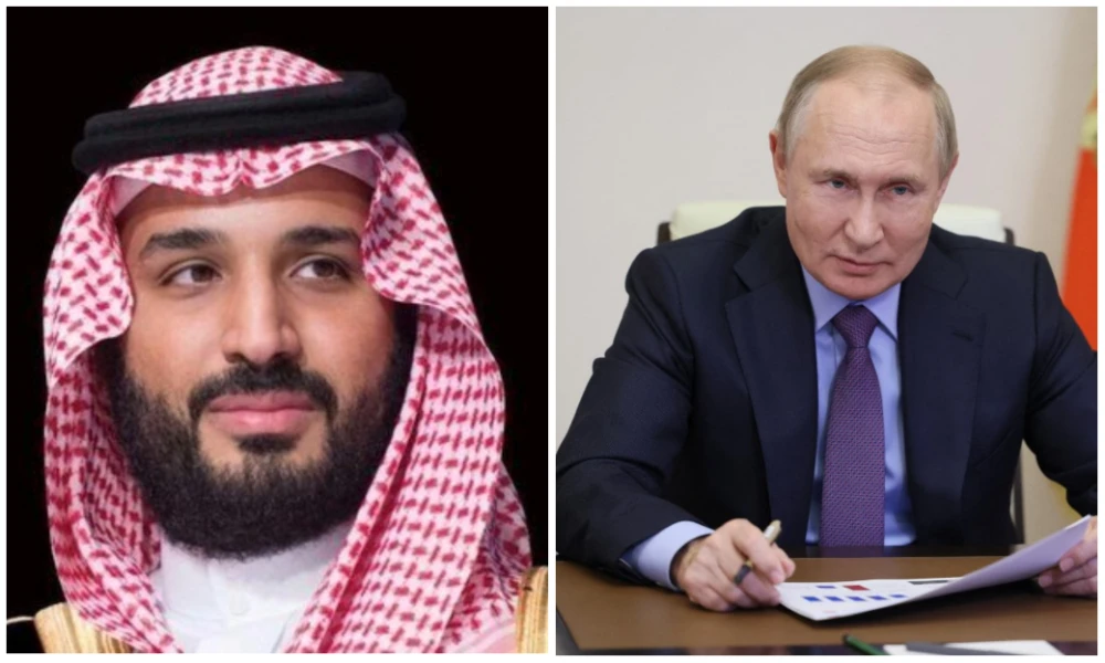 Saudi Arabia’s Crown Prince Mohammed bin Salman and Russian President Vladimir Putin. (File/SPA/AFP)