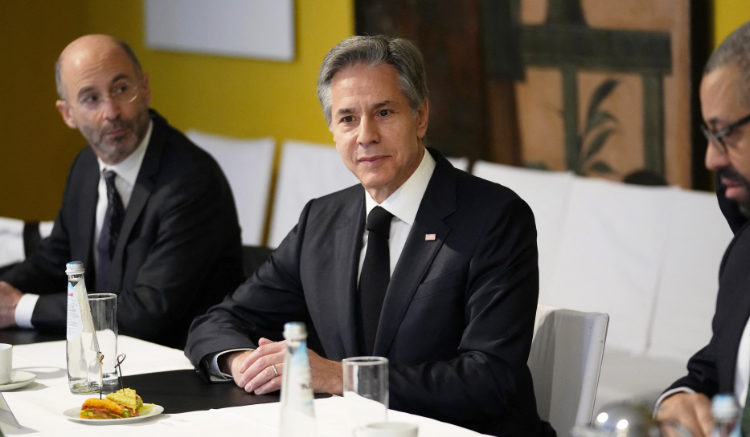 Antony Blinken sits down for a Meeting of the Transatlantic Quad with the Foreign Ministers in Munich on Feb. 18, 2023. (AFP)