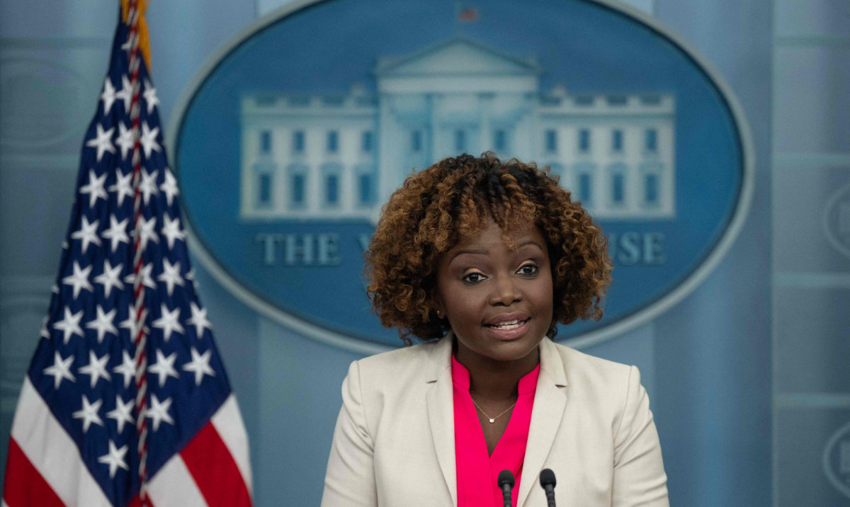 White House Press Secretary Karine Jean-Pierre speaks during the daily briefing in the Brady Briefing Room of the White House in Washington, DC, on Thursday. (AFP)