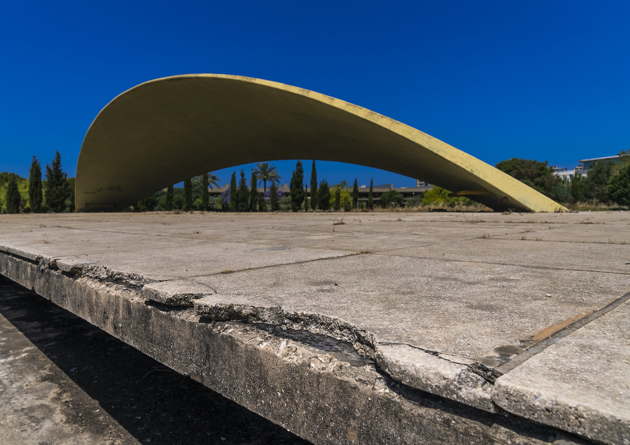 The boomerang-shaped central hall of the Rachid Karami International Fair in Tripoli, Lebanon. (Supplied)