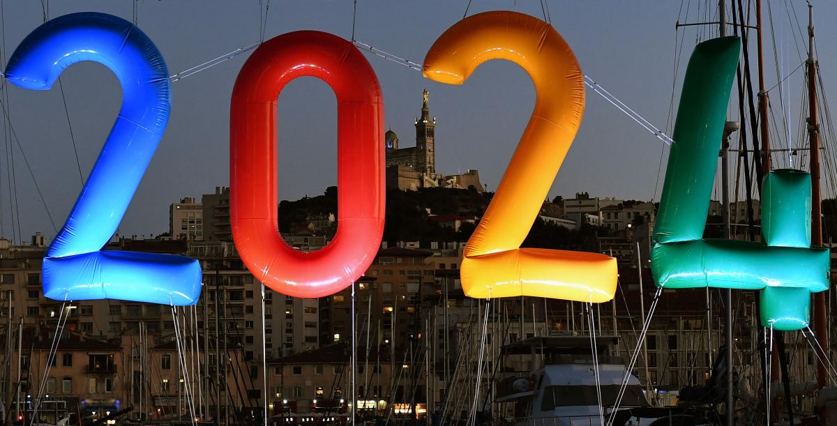 In this file photo taken on September 13, 2017 An inflatable ‘2024’ logo is seen in the old harbor area of Marseille, during celebrations after the IOC official announcement that Paris won the 2024 Olympic bid. (AFP)