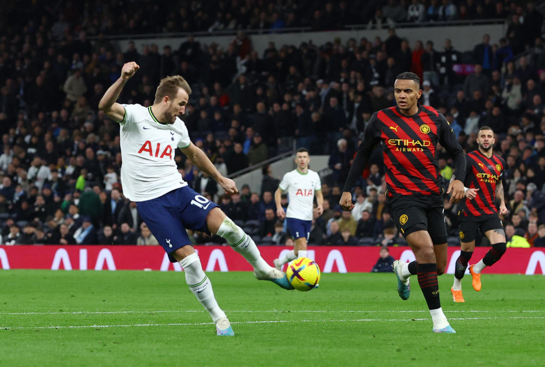 Harry Kane became Tottenham’s record goal scorer on Sunday when he netted his 267th goal for the club against Manchester City. (Reuters)