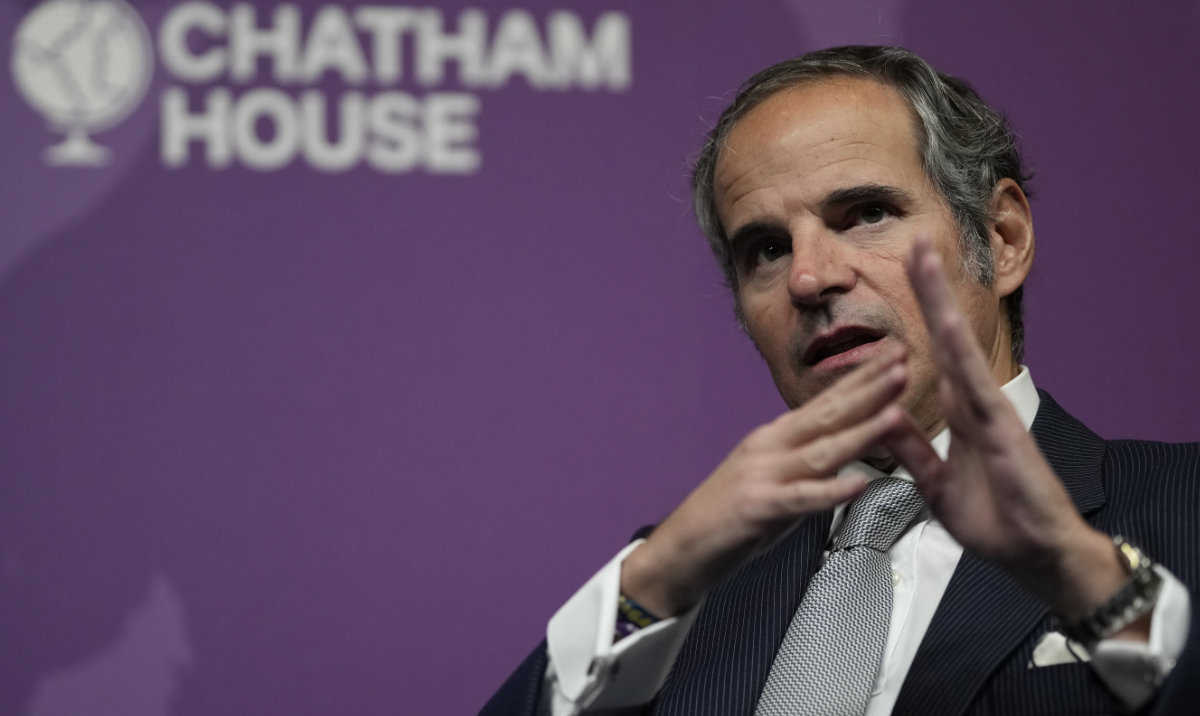 The Director General of the Atomic Energy Agency, Rafael Marino Grossi speaking at an event entitled ’A New Nuclear Order‘ at Chatham House in London, Tuesday, Feb. 7, 2023. (AP)