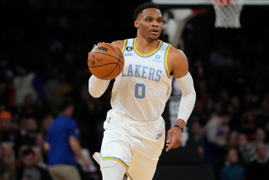 Los Angeles Lakers' Russell Westbrook during the team's NBA game against the New York Knicks on Jan. 31. The Lakers traded Westbrook to the Utah Jazz and reacquired guard D'Angelo Russell from Minnesota in a three-team, eight-player deal Wednesday night. (AP/File)