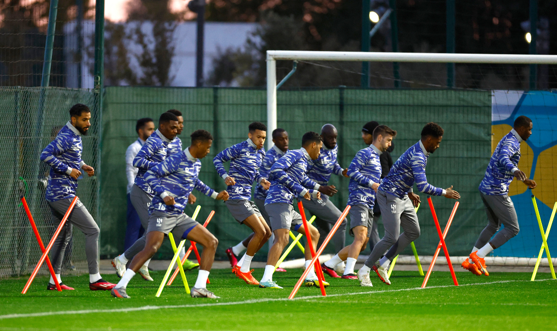 Al-Hilal players during training Friday ahead of the Club World Cup final against Real Madrid at the Complexe Mohammed VI de Football, Sale, Morocco. (Reuters)