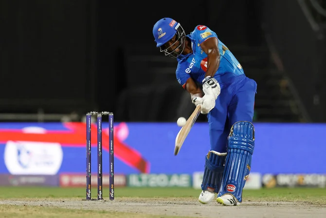 Andre Fletcher of MI Emirates bats during the eliminator of the DP World International League T20 against Dubai Capitals. (Deepak Malik/CREIMAS)