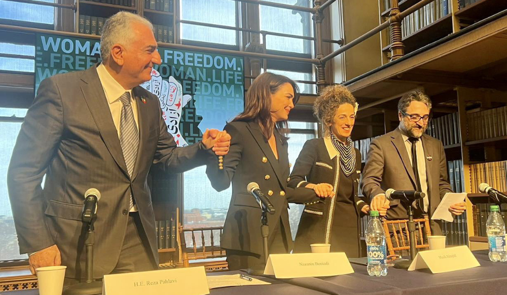 Iranian democracy activists gather at a conference in Georgetown University in Washington on Feb. 11, 2023. (Twitter: @shimababaeii)