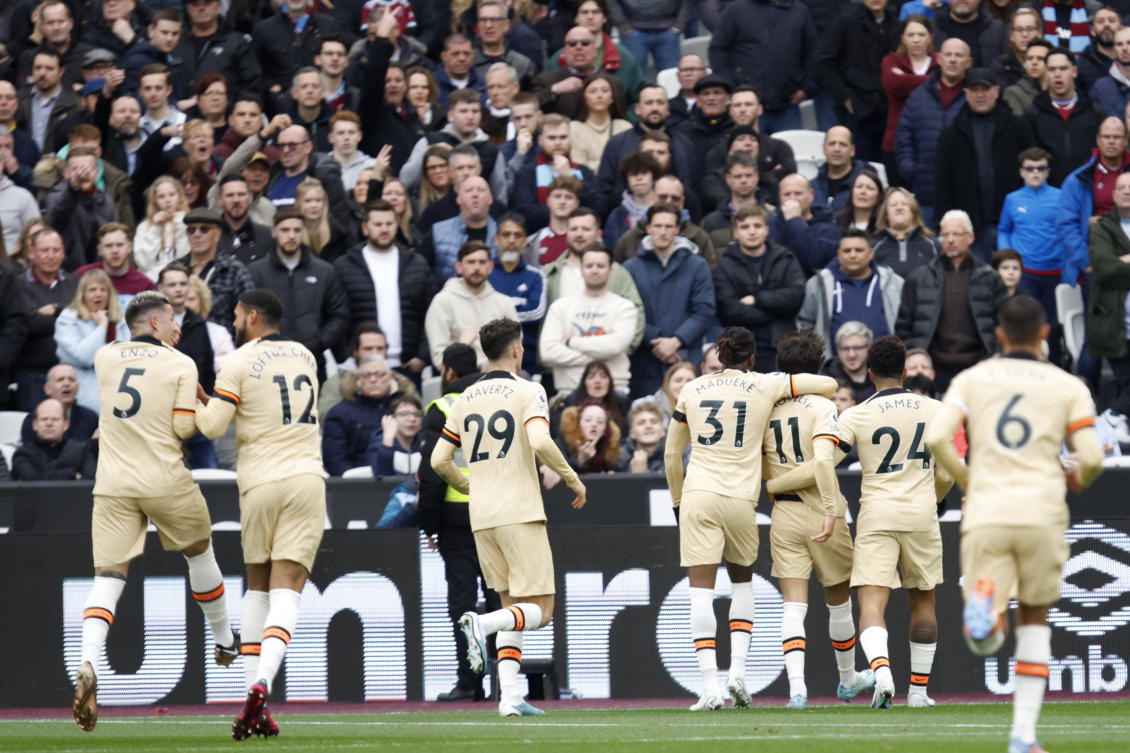 Chelsea players celebrate after Joao Felix scored his side's opening goal during their Premier League match against West Ham United in London, on Feb. 11, 2023. (AP)