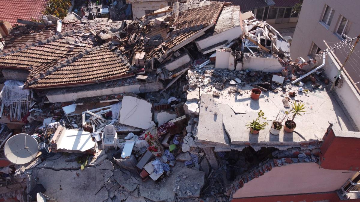 An aerial photo shows collapsed buildings in Antakya on Feb. 10, 2023, after a 7.8-magnitude earthquake struck the country's southeast earlier in the week. (AFP)