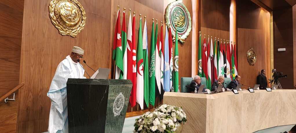 Hissein Brahim Taha, secretary-general of the OIC, addresses a conference in support of Jerusalem at the headquarters of the Arab League in Cairo on Sunday. (OIC)