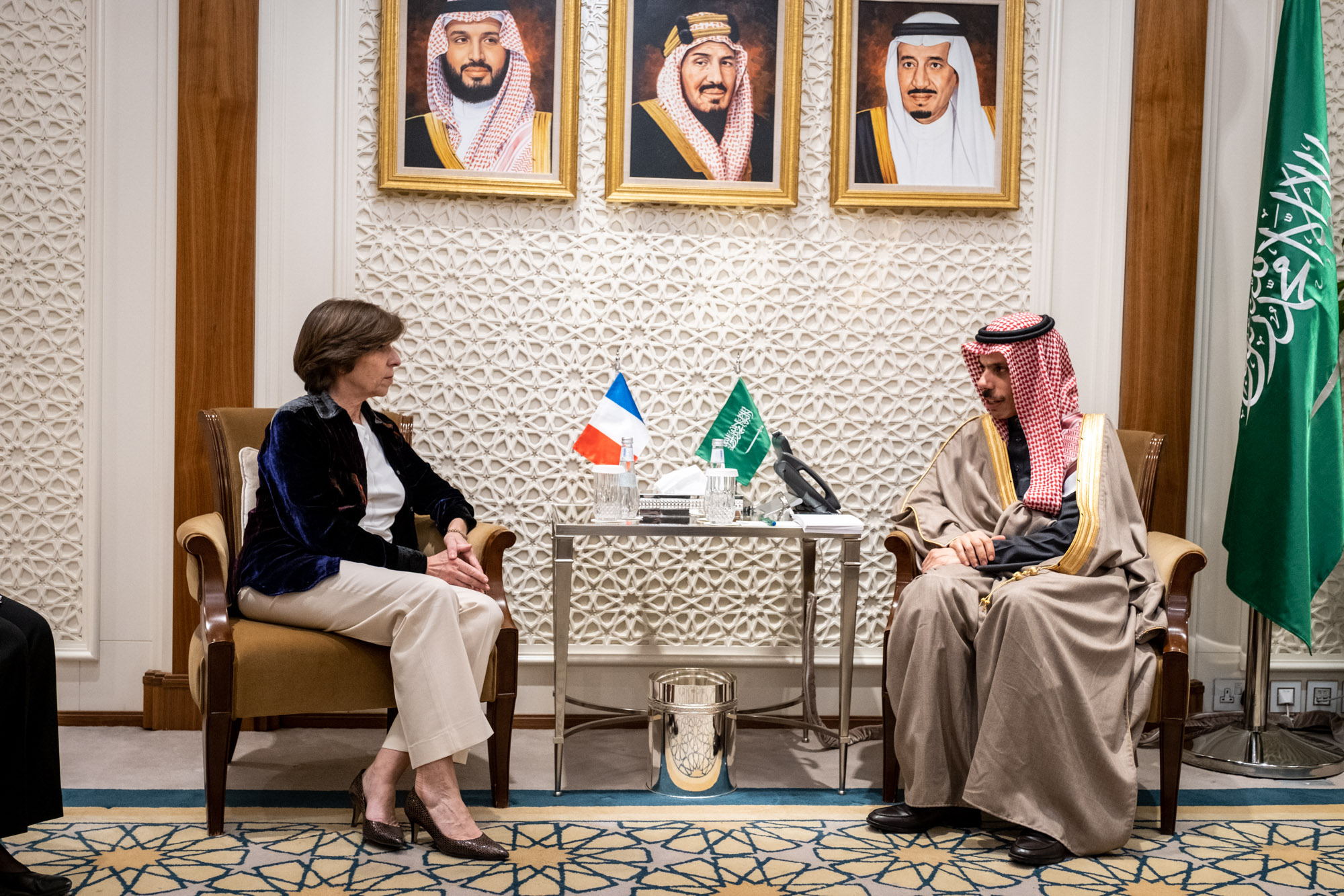 Saudi Foreign Minister Prince Faisal bin Farhan with his French counterpart Catherine Colonna. (Supplied)