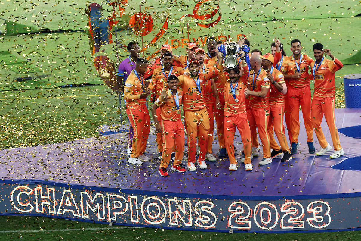 Gulf Giants players celebrate winning the final of the DP World International League T20 against the Desert Vipers. (Satish Kumar/CREIMAS)