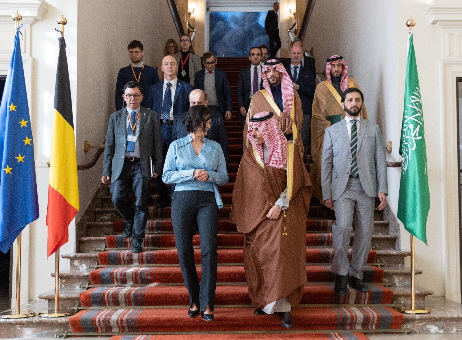 Saudi Arabia’s Foreign Minister Prince Faisal bin Farhan is received by the President of the Belgian Senate Stephanie D’Hose in Brussels on Wednesday. (SPA)