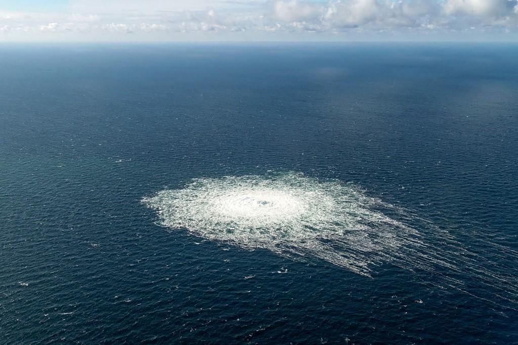 Picture released by the Danish Defence Command shows the gas leak at the Nord Stream 2 gas pipeline as it is seen from the Danish Defence's F-16 rejection response off the Danish Baltic island of Bornholm, south of Dueodde. (AFP)