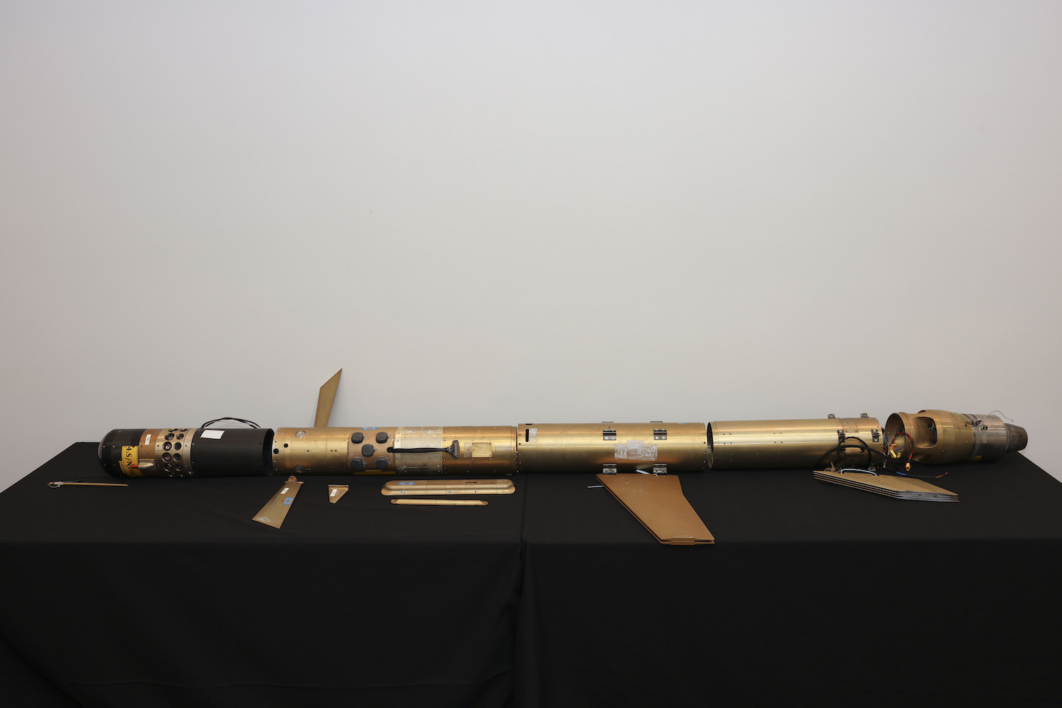 A photo provided by the UK Ministry of Defence shows a missile from a collection of seized Iranian weapons. (File/AP)